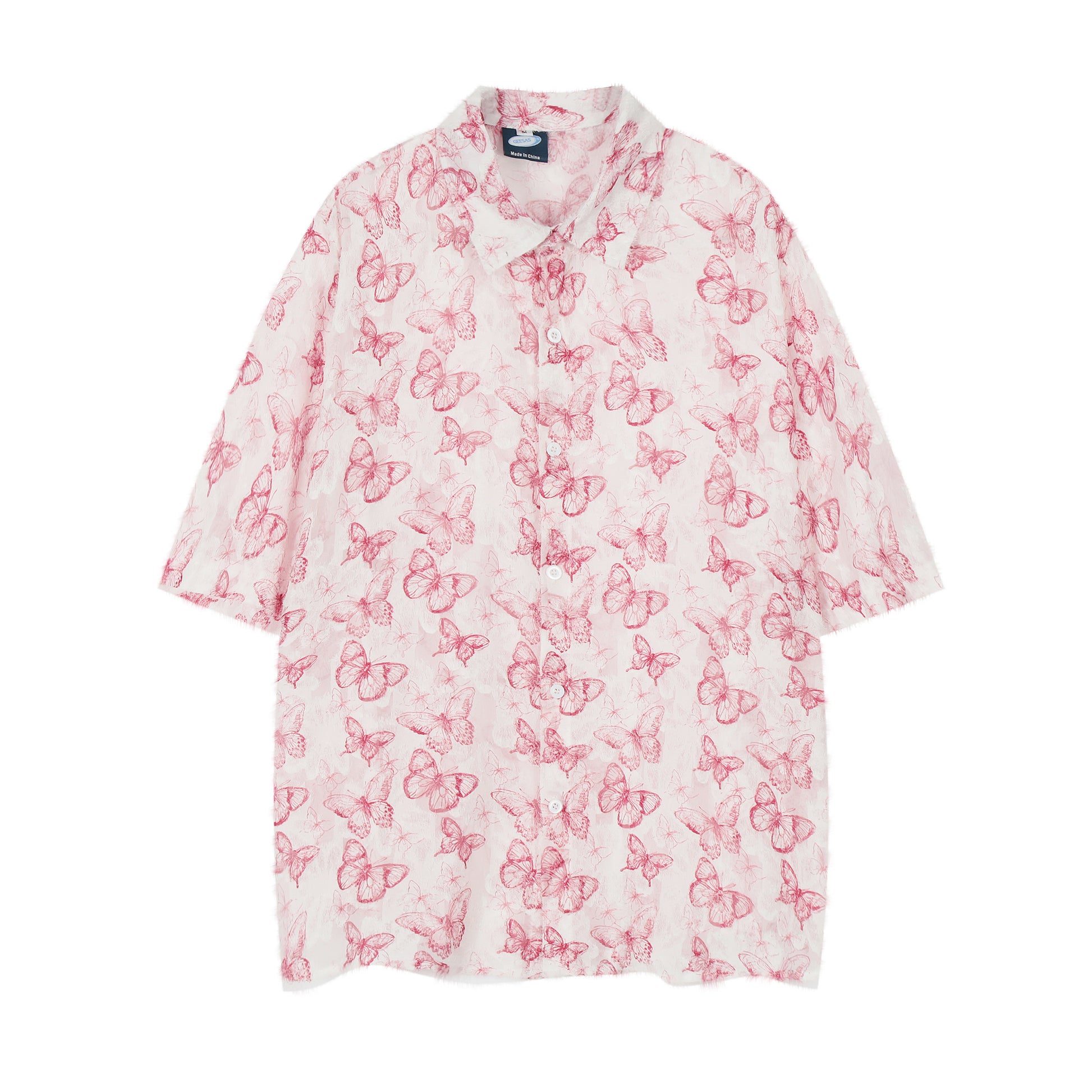 Butterfly print shirt pink white - front