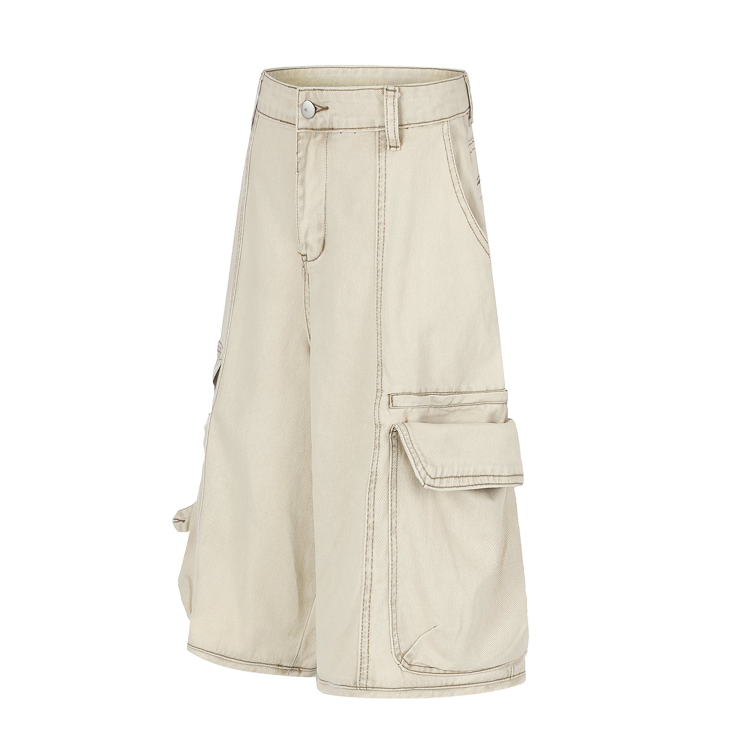 Women's Multi-Pocket Cargo Wide Leg Denim Shorts - Khaki Side View
