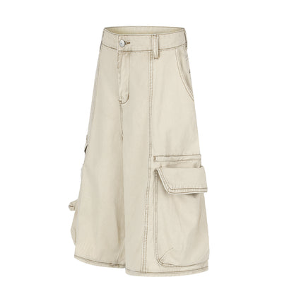 Women's Multi-Pocket Cargo Wide Leg Denim Shorts High Waist Contrast Stitch Casual Streetwear Jean Shorts