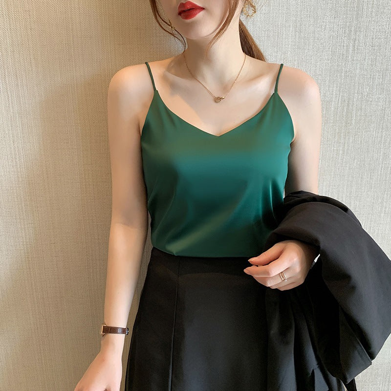 Womens Silk Satin Camisole Cami Plain Strappy Vest Top T-Shirt Blouse Tank Shirt V-Neck Spaghetti Stra