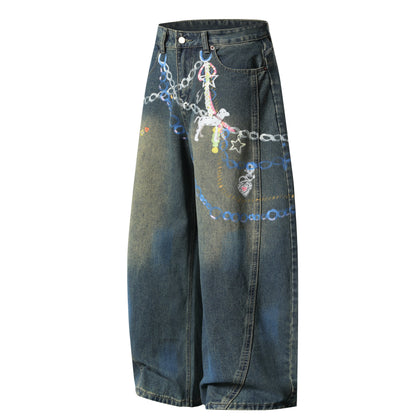 Graphic Chain Print Wide Leg Baggy Jeans Washed Denim High Waist Streetwear Y2K Casual Pants
