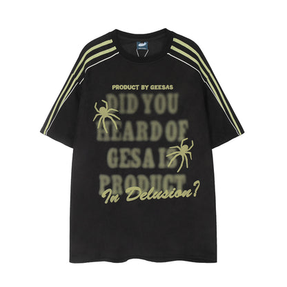 Geesas Spider Graphic Stripe Sleeve Oversized Tee Did You Heard Of Geesas Product In Delusion Y2K Streetwear T-Shirt | Delusion Tee