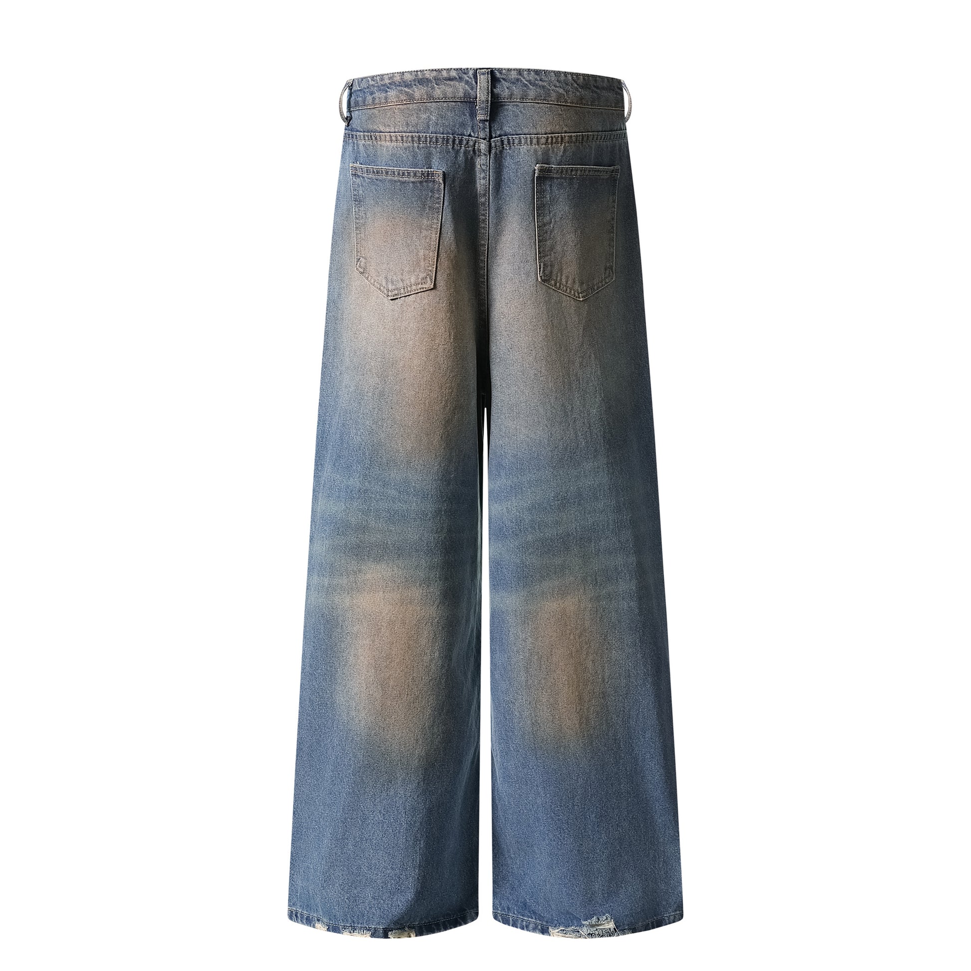 Distressed patch jeans angled front view