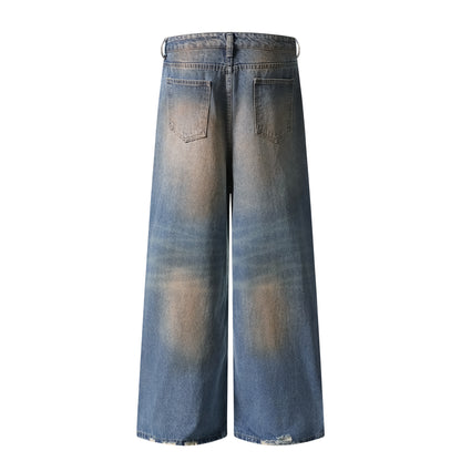 Distressed Patch Embroidered Wide Leg Jeans High Waist Light Wash Mud Dye Cross Stitch Streetwear Denim Trousers | Patch Cross