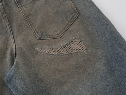 Heavy Ripped Multi-Panel Barrel Wide Leg Jeans Earth Tone Mud Wash Distressed Arc Seam High Waist Baggy Denim Trousers | Rip Arc