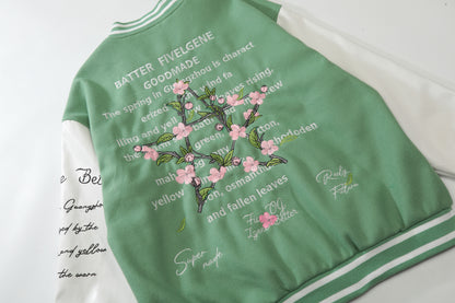 Oversized Floral Embroidery Baseball Jacket Snap Button Color Block Streetwear Casual Fall Outerwear