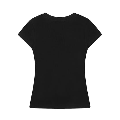 Twin Lion Cross Rhinestone Fitted Short Sleeve T-Shirt Slim Stretch Y2K Streetwear Coquette Casual Top | Lion Cross