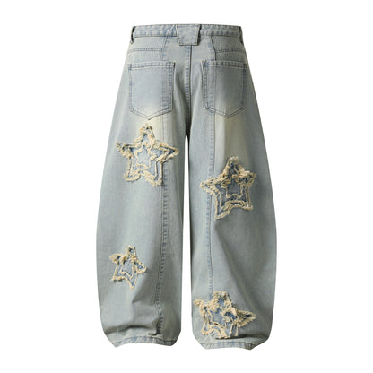 Frayed Star Patch Wide Leg Jeans Hollow Out Distressed Denim Pants High Waist Baggy Streetwear Barrel Leg Trousers | Fray Star