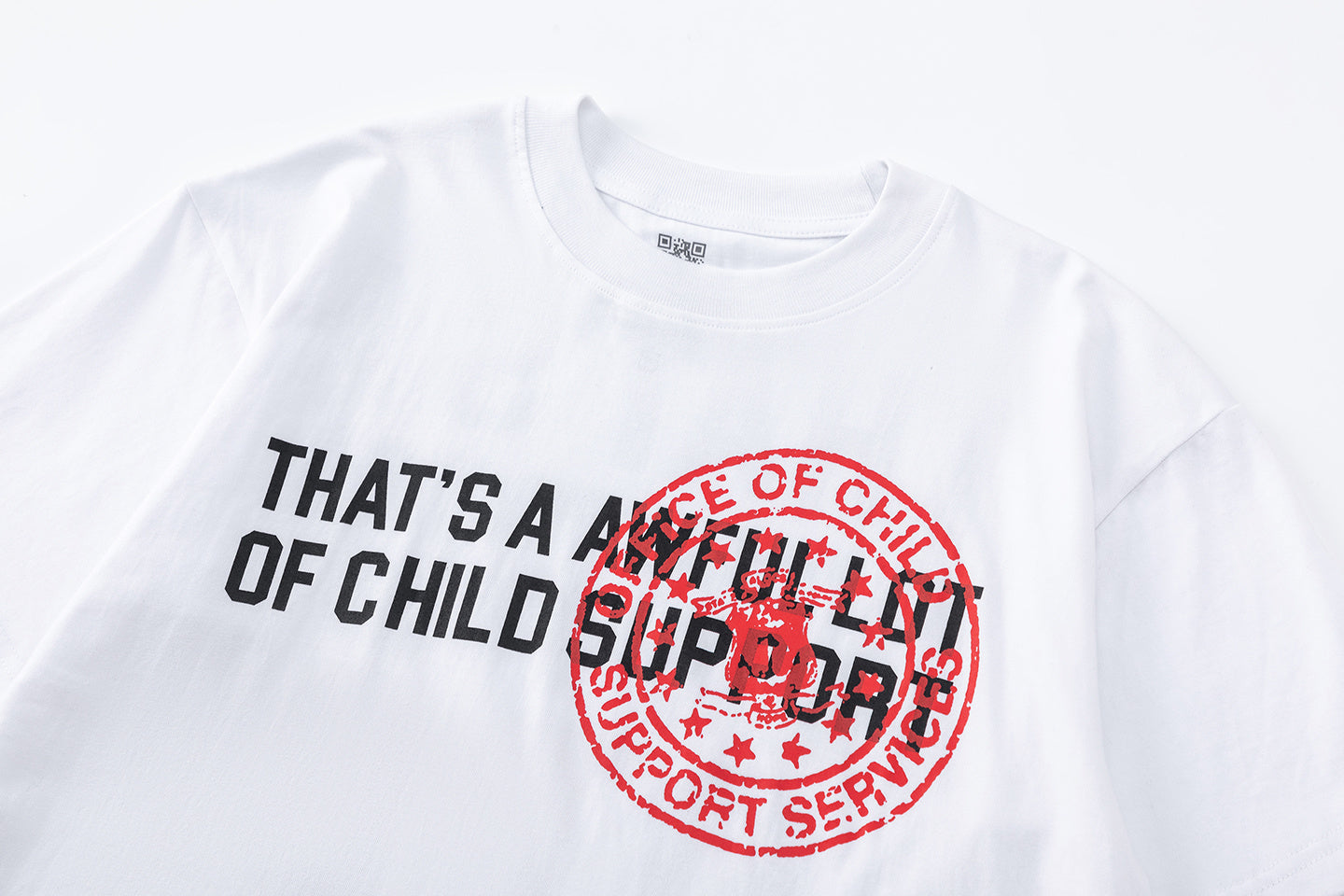 White unisex oversized graphic T-shirt with red front emblem and bold black back text - view 4