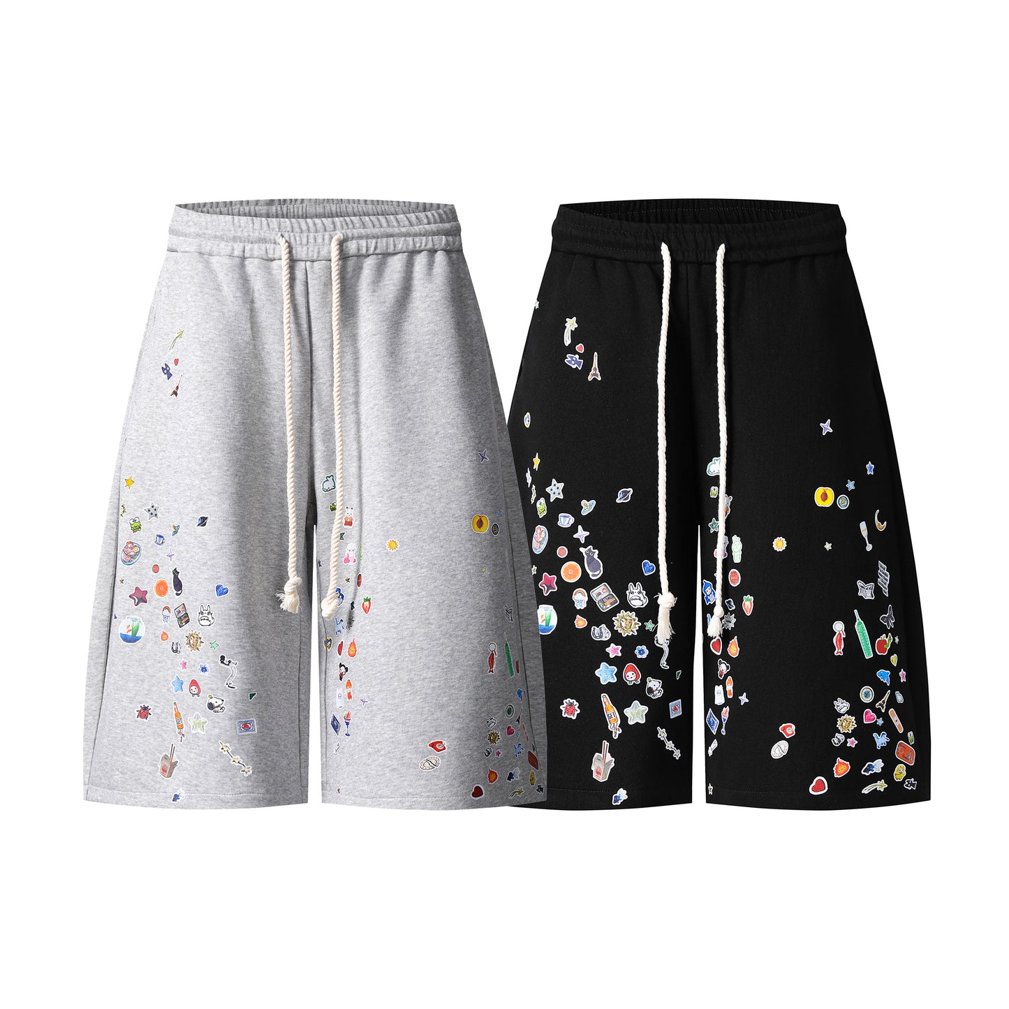Kawaii sticker print fleece shorts both colorways front