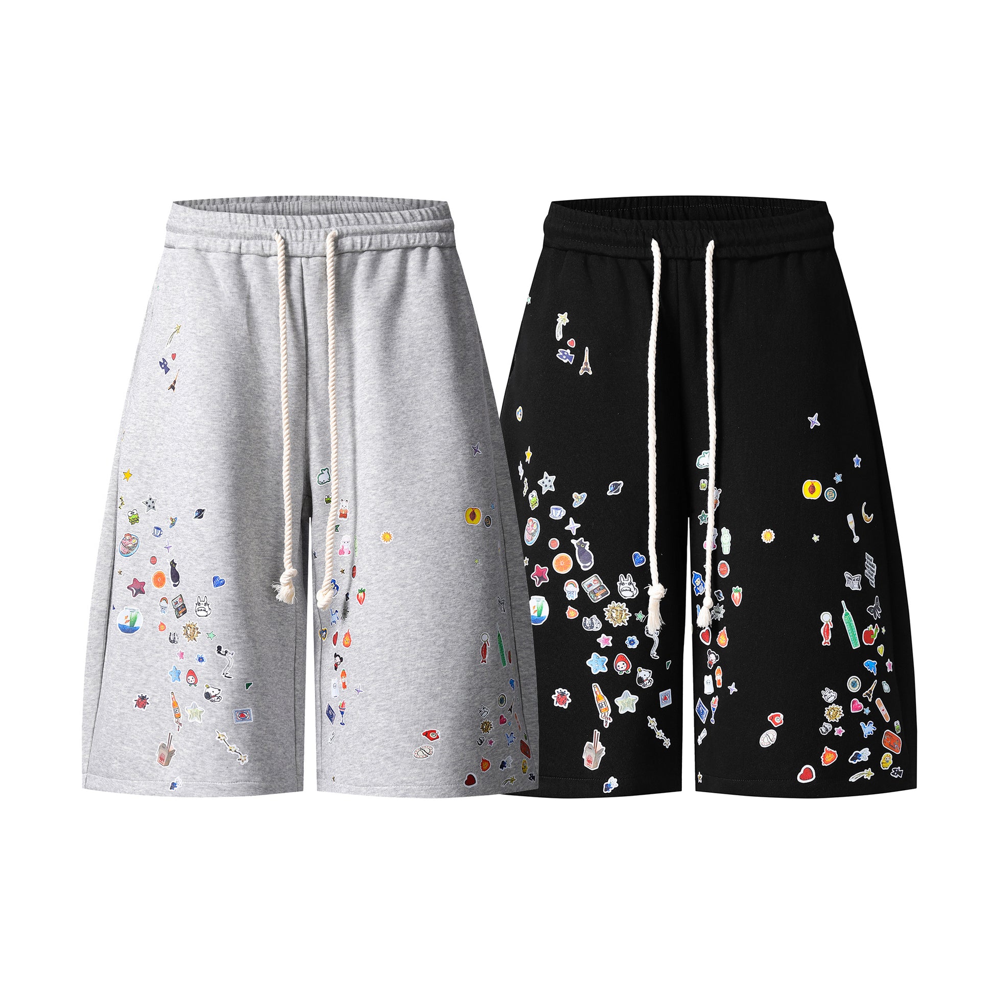 Kawaii sticker print fleece shorts both colorways front