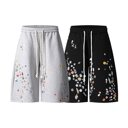 Kawaii Sticker Print Fleece Shorts Wide Leg High Waist Drawstring Sweat Shorts Streetwear Summer Casual | Sticker Bomb