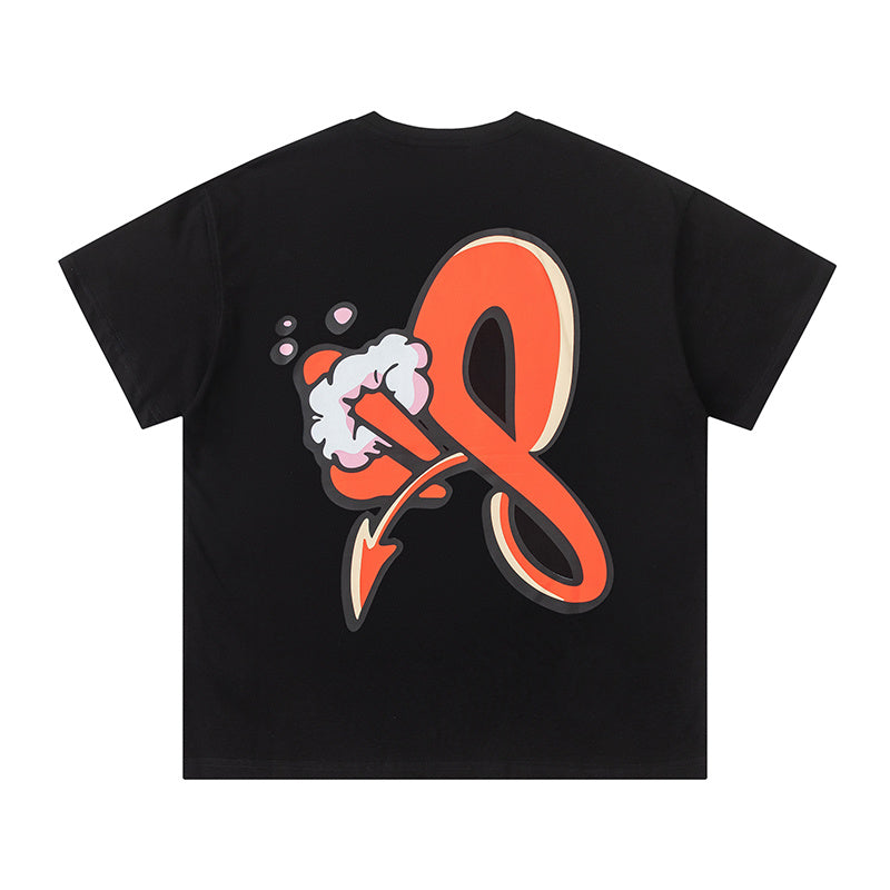 Black crew neck short sleeve graphic T-shirt with orange graffiti-style front print - view 4