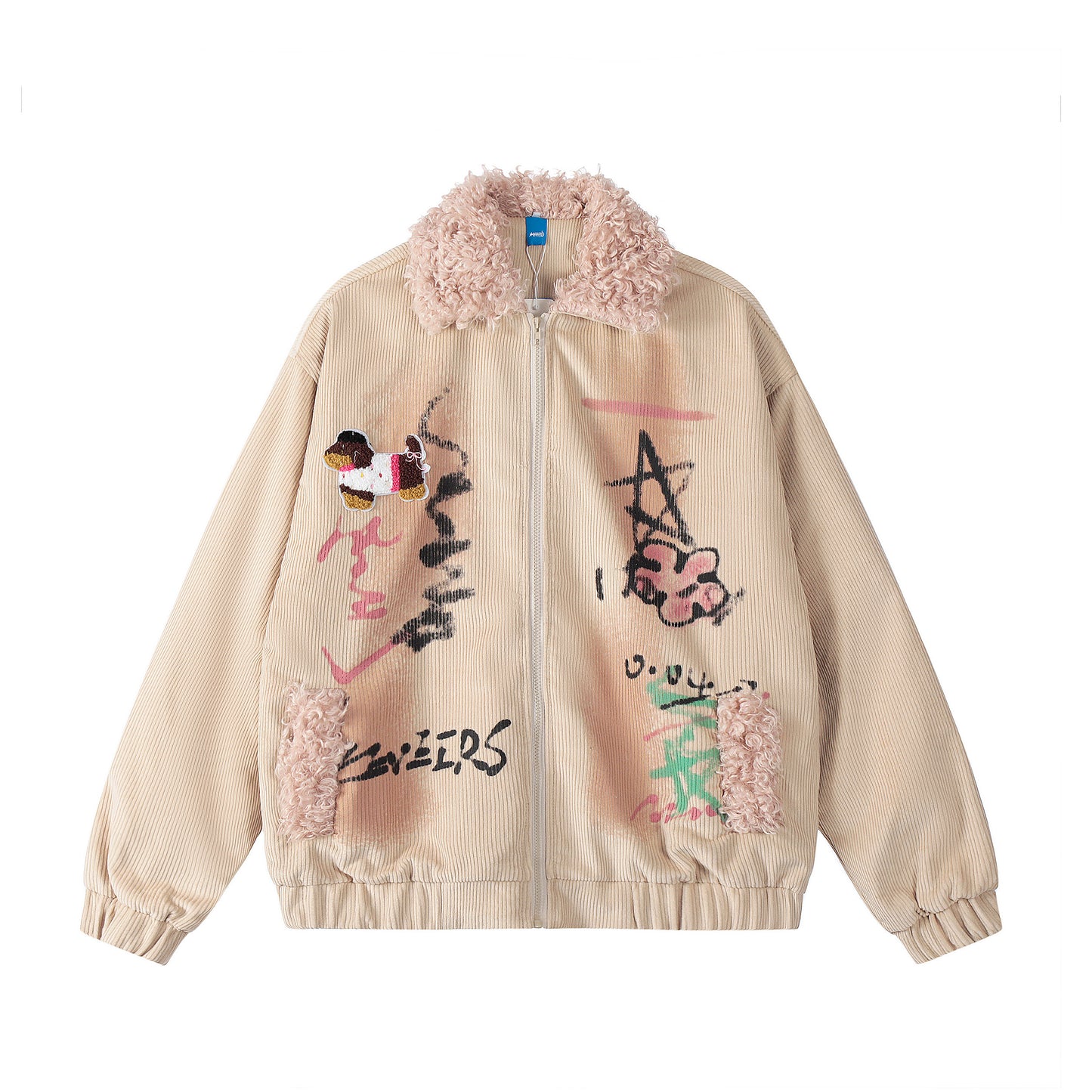 Seveers Graffiti Dog Patch Curly Fur Collar Corduroy Bomber - Pink Front