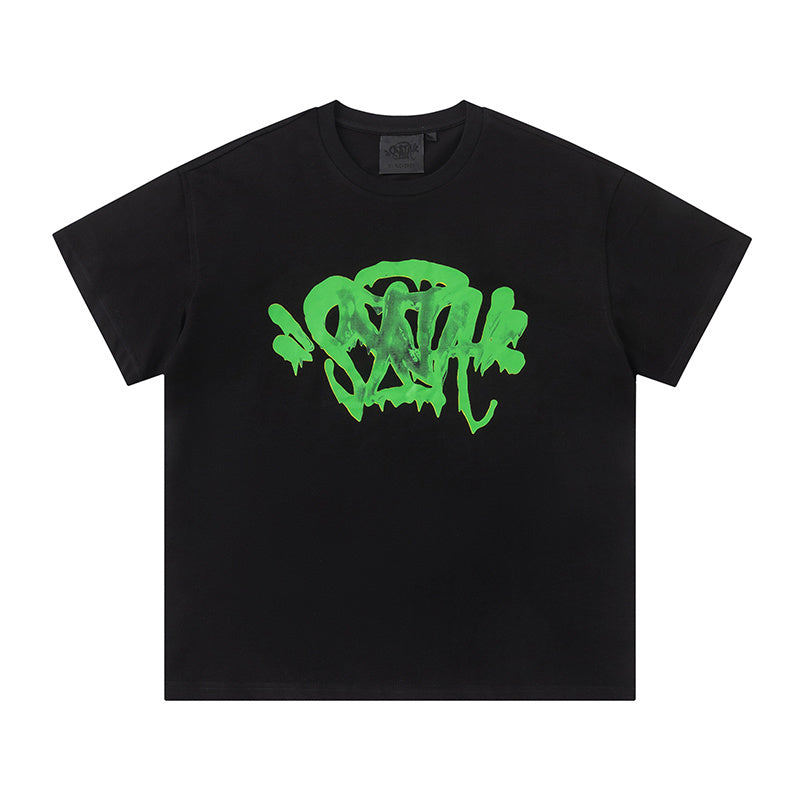 Black short sleeve crew neck T-shirt with bright green abstract graphic print - view 4