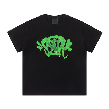 Black Graphic Print T-Shirt With Green Abstract Design, Crew Neck Short Sleeve Streetwear Tee