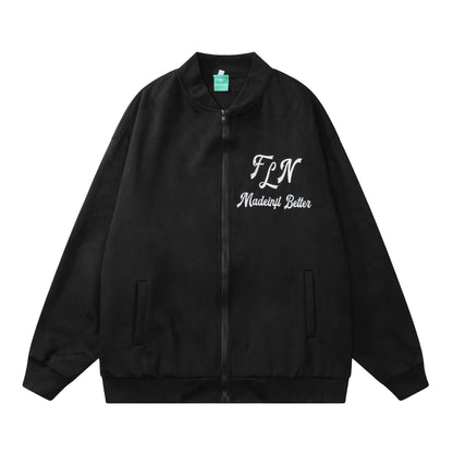 Oversized FLN Letter Embroidery Bomber Jacket Zip Up Suede Texture Streetwear Casual Fall Outerwear