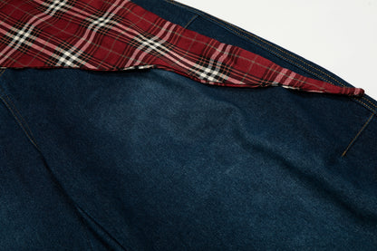 Women's Red Plaid Triangle Patchwork Waist Z American Flag Embroidery Balloon Wide Leg Denim Jeans High Waist Y2K Streetwear Baggy Jean Pants