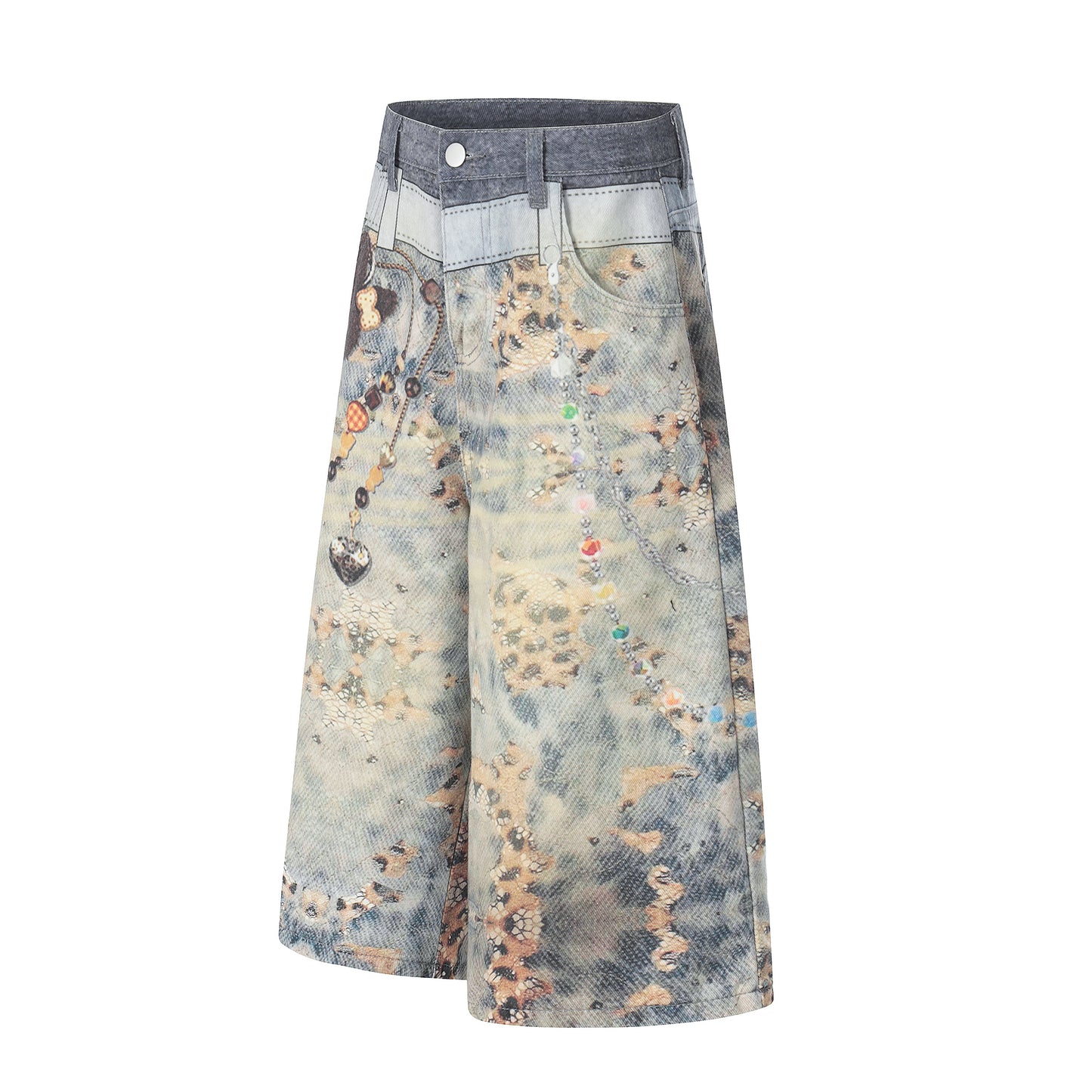 Women's Allover Print Bear Charm Chain Wide Leg Denim Shorts - Skirt Style View