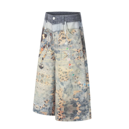 Women's Allover Graphic Print Bear Charm Chain High Waist Wide Leg Denim Shorts Y2K Streetwear Bermuda Jean Shorts