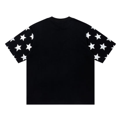 DuoMatch Suspend Luck Tartan Star Applique Oversized Tee Plaid Patch Allover Star Print Streetwear Short Sleeve T-Shirt