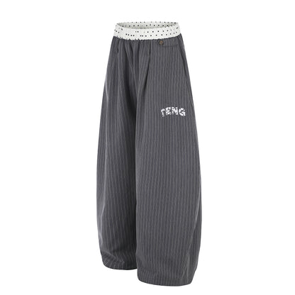 Women's TENG Embroidery Polka Dot Fold-Over Waistband Pinstripe Balloon Wide Leg Pants High Waist Casual Streetwear Trousers