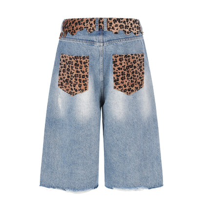 Women's Leopard Print Waistband Wide Leg Distressed Denim Shorts Raw Hem High Waist Casual Summer Jean Shorts
