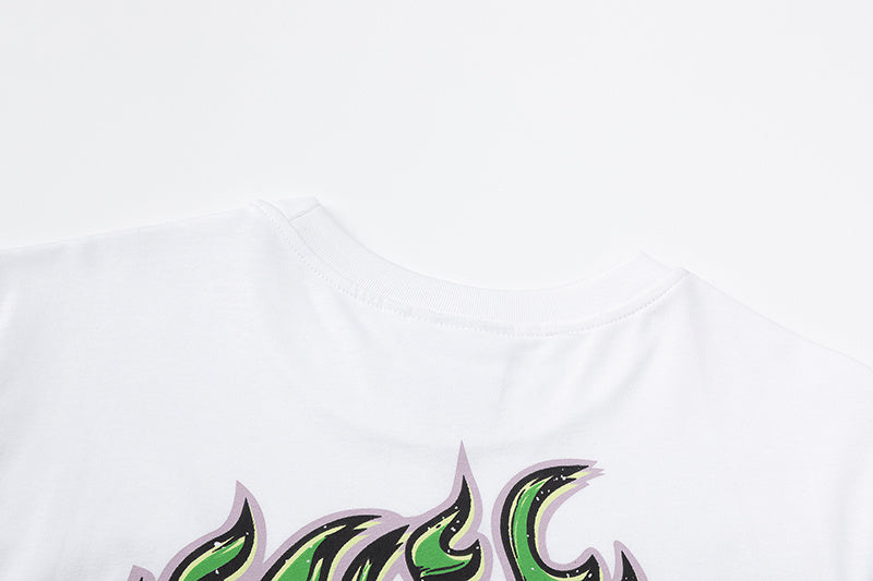 White crew neck graphic T-shirt with small green chest graphic and large graffiti-style back print - view 4