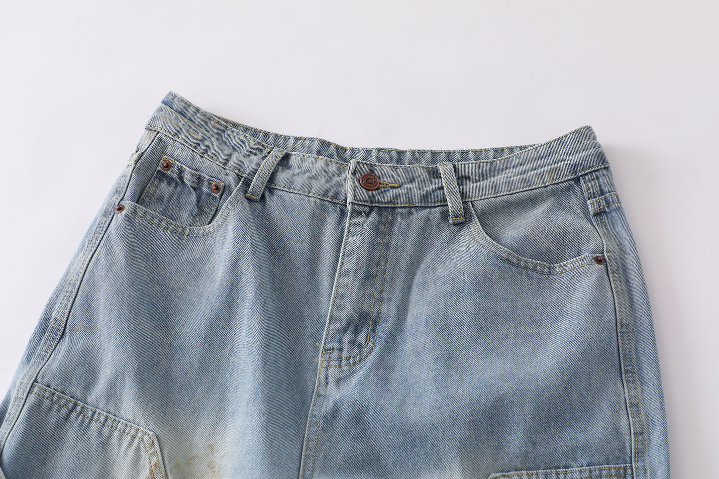 Curved Pocket Cargo Wide Leg Jeans High Waist Light Wash Mud Dye Faded Utility Streetwear Denim Trousers | Pocket Arc