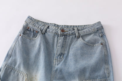 Curved Pocket Cargo Wide Leg Jeans High Waist Light Wash Mud Dye Faded Utility Streetwear Denim Trousers | Pocket Arc