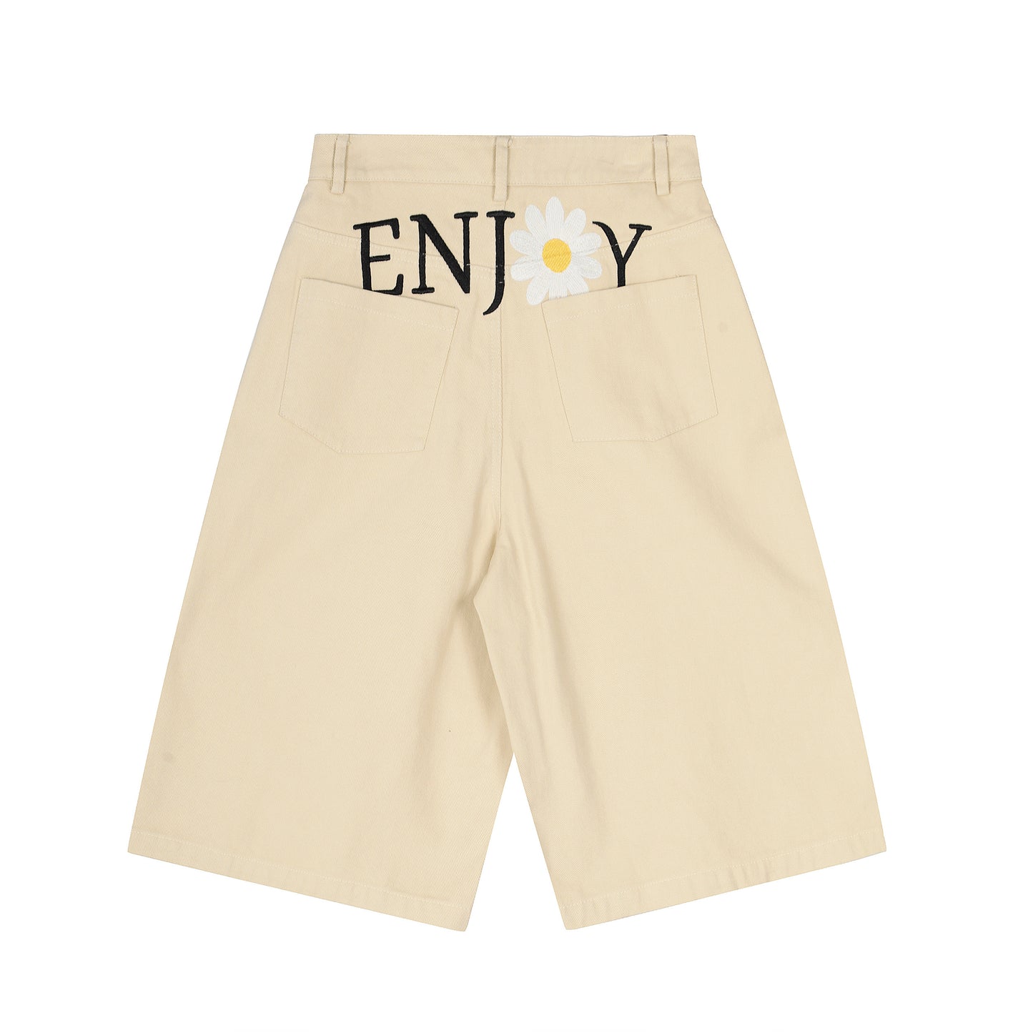 Women's ENJOY Daisy Embroidery High Waist Wide Leg Shorts - Khaki & Black Comparison Front