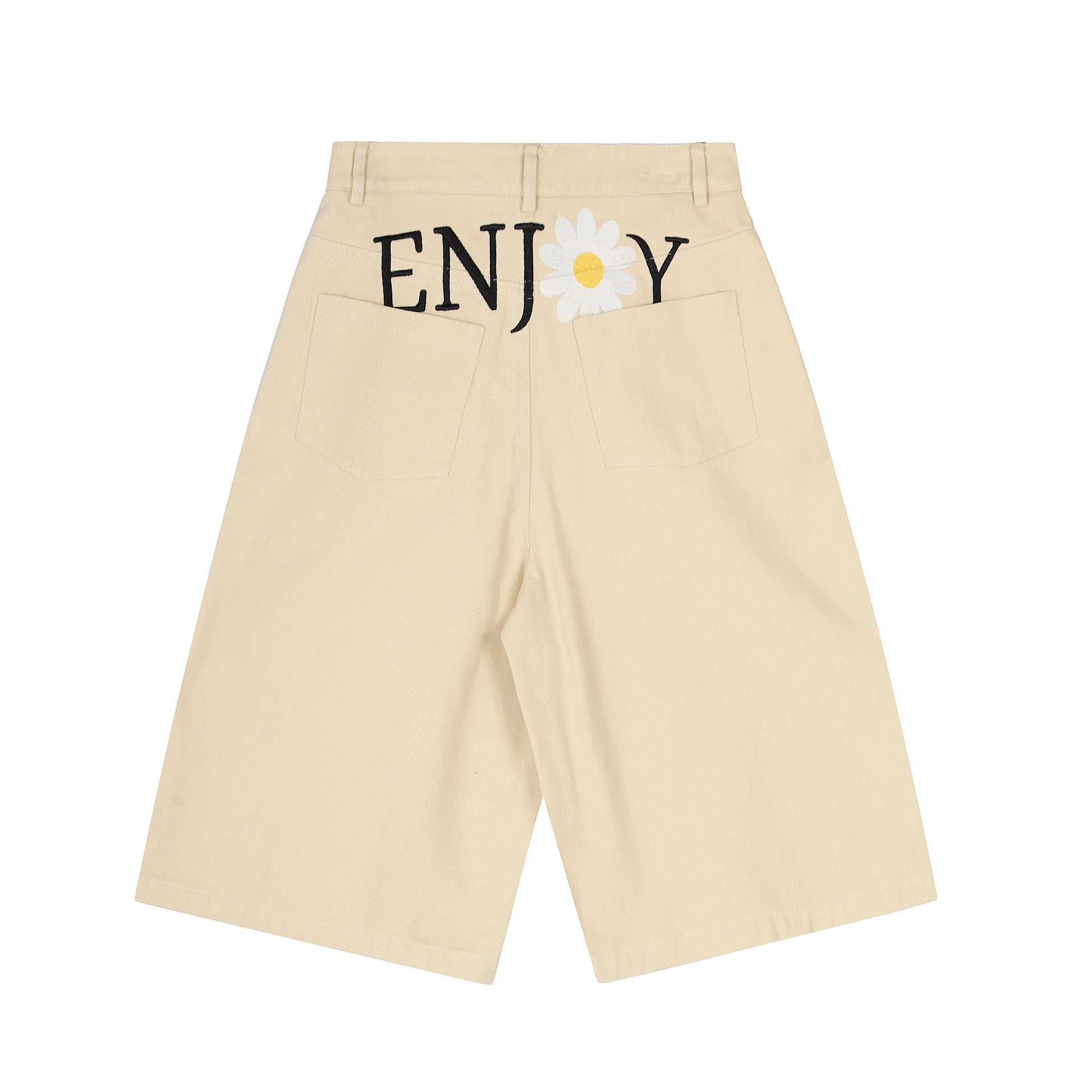 Women's ENJOY Daisy Embroidery High Waist Wide Leg Shorts - Khaki & Black Comparison Front