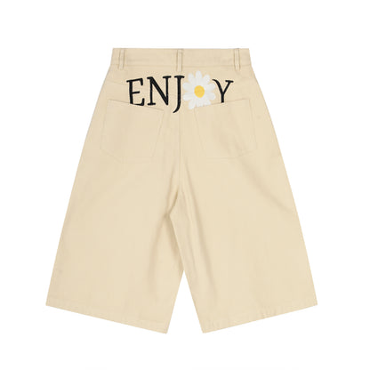 Women's ENJOY Daisy Flower Embroidery High Waist Wide Leg Shorts Casual Streetwear Summer Bermuda Shorts