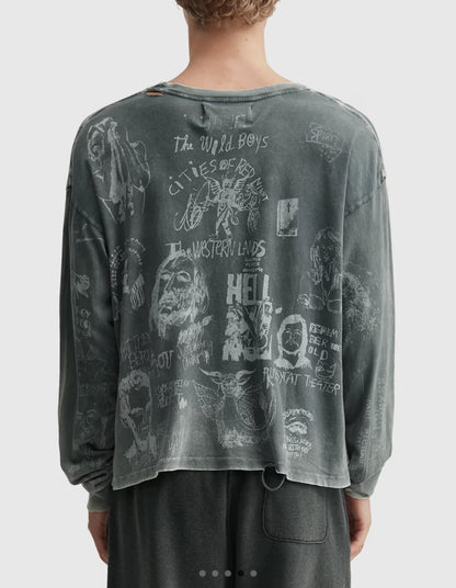 Paly Bethlehem Inn Graffiti Long Sleeve Tee Washed Distressed Vintage Charcoal Cropped Streetwear | Bethlehem Grunge