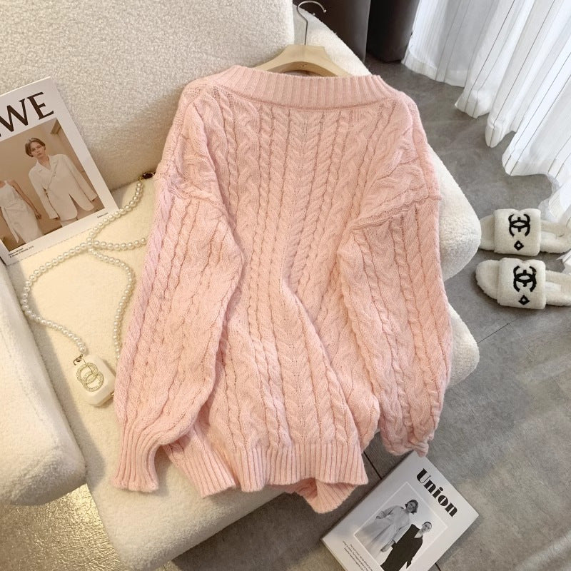 Gentle milk sweet pink loose v-neck lazy wind twist pullover women autumn and winter thickened sweater outer wear