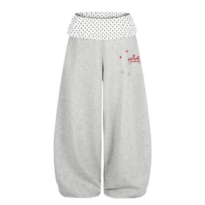 Women's Girls Club Conteng Embroidery Polka Dot Fold-Over Waistband Balloon Wide Leg Sweatpants Casual Sweet Jogger Pants