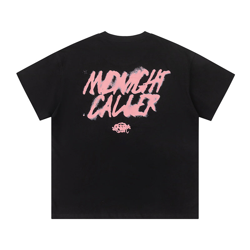 Black unisex graphic T-shirt with pink and white masked face print, crew neck, and short sleeves - view 4