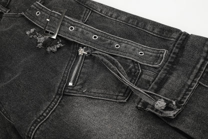 Women's Multi-Pocket Buckle Strap Distressed Denim Shorts High Waist Wide Leg Raw Hem Casual Streetwear Jean Shorts