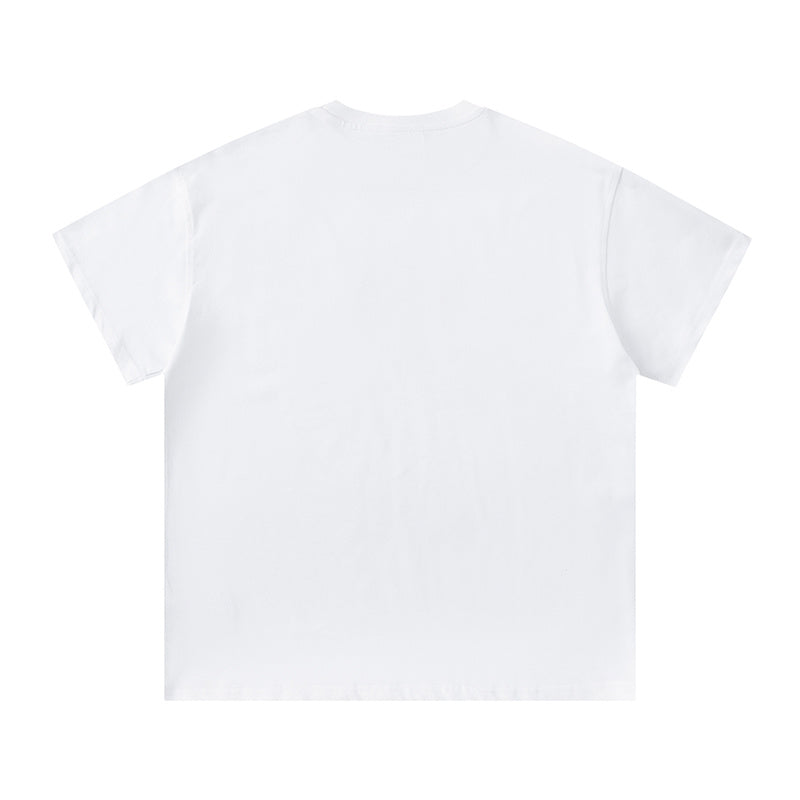 White crewneck short sleeve T-shirt with blue-gray graffiti-style chest graphic - view 4