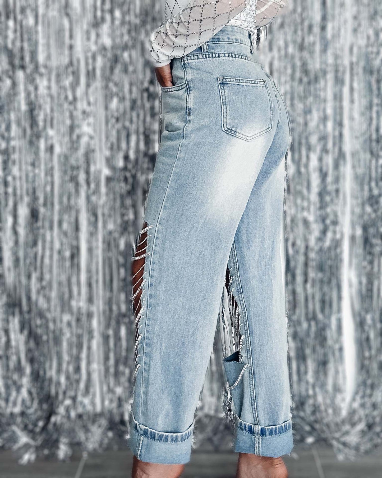 Early spring jeans with big holes for women, straight pants with chain ornaments