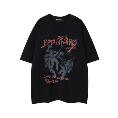 Born In Flames Rock Band Graphic Oversized Tee Grunge Guitarist Print Streetwear Short Sleeve T-Shirt