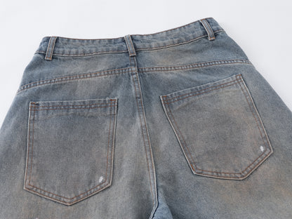 Mud Wash Distressed Barrel Wide Leg Jeans Earth Tone Fading Ripped Knee High Waist Baggy Denim Pants Vintage Streetwear Trousers | Mud Barrel