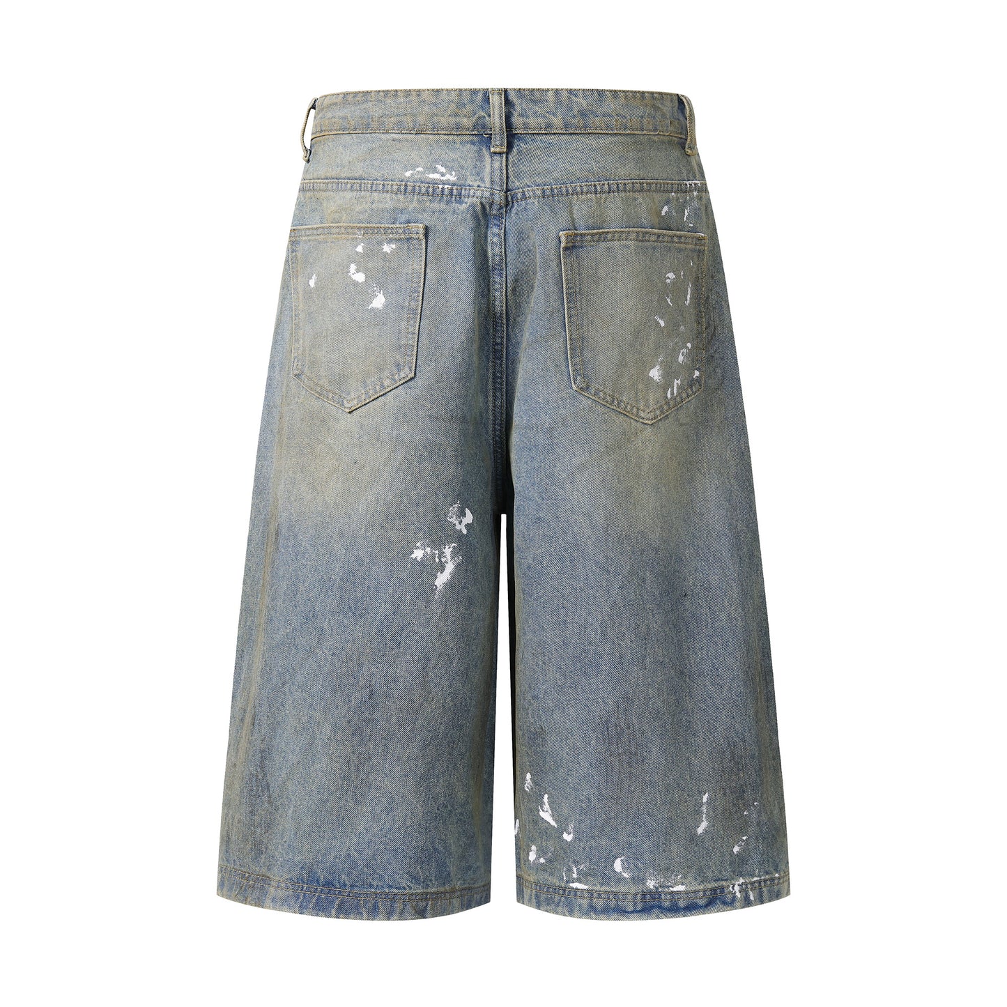 Paint splatter denim shorts angled side view