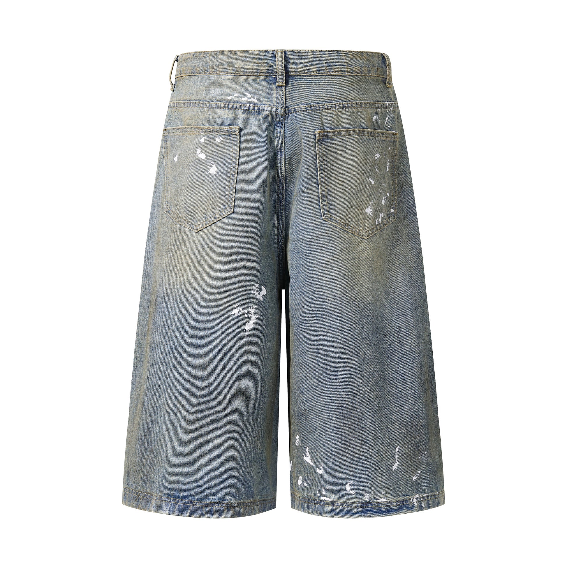 Paint splatter denim shorts angled side view