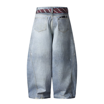 Paint Splatter Balloon Wide Leg Jeans Striped Tie Pearl Chain Charm High Waist Baggy Distressed Denim Pants Streetwear Trousers | Tie Pearl