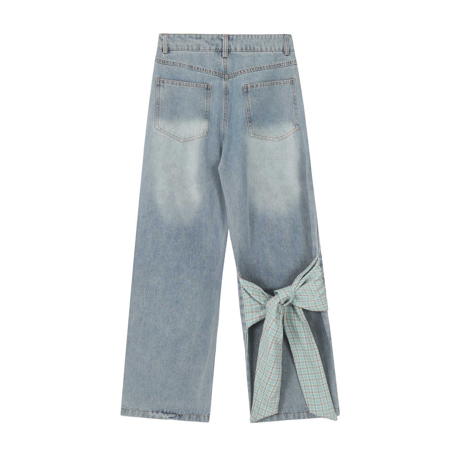 Plaid Bow Tie Side Leg Cutout Wide Leg Jeans - Size Chart