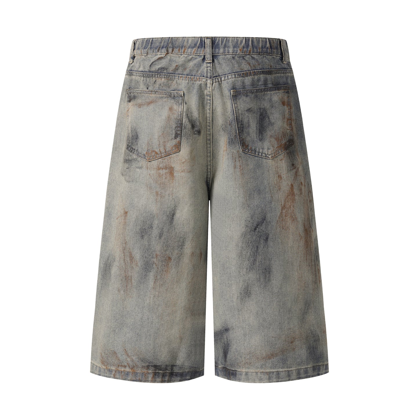 Mud dye denim shorts back view close-up