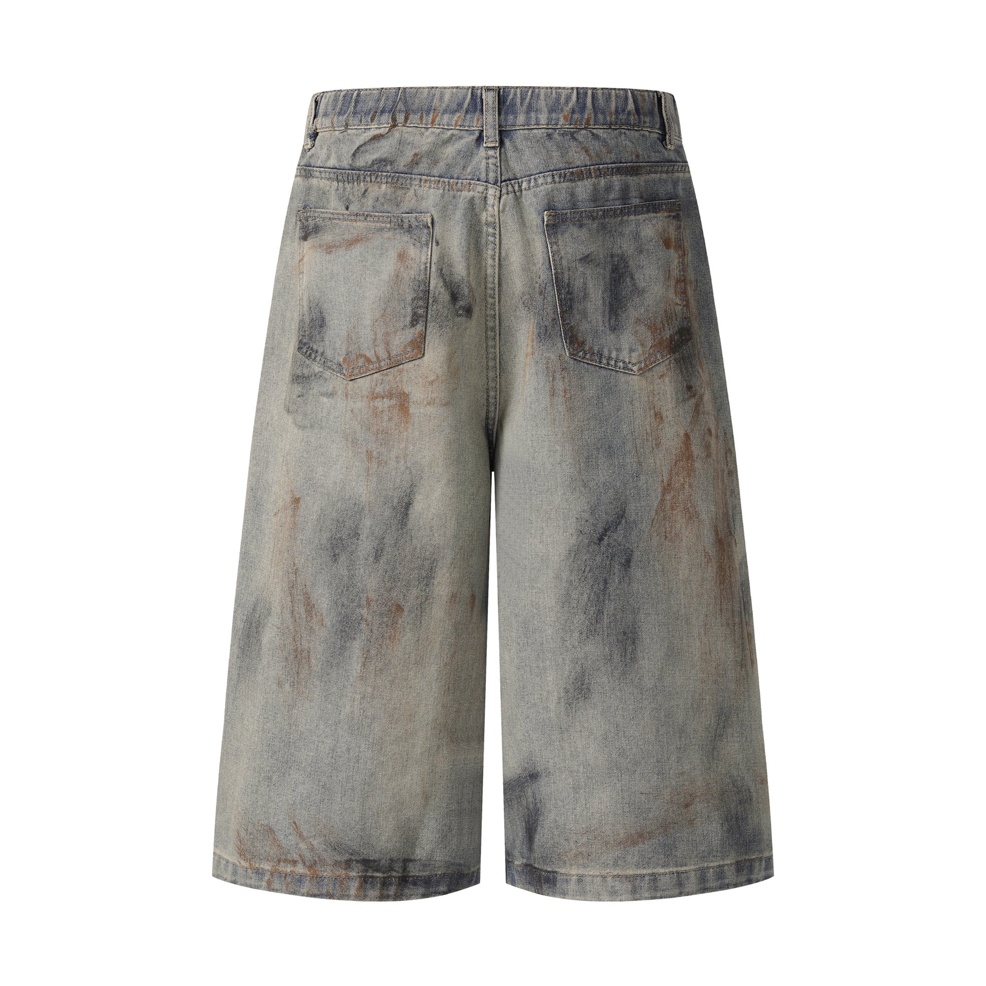 Mud dye denim shorts back view close-up