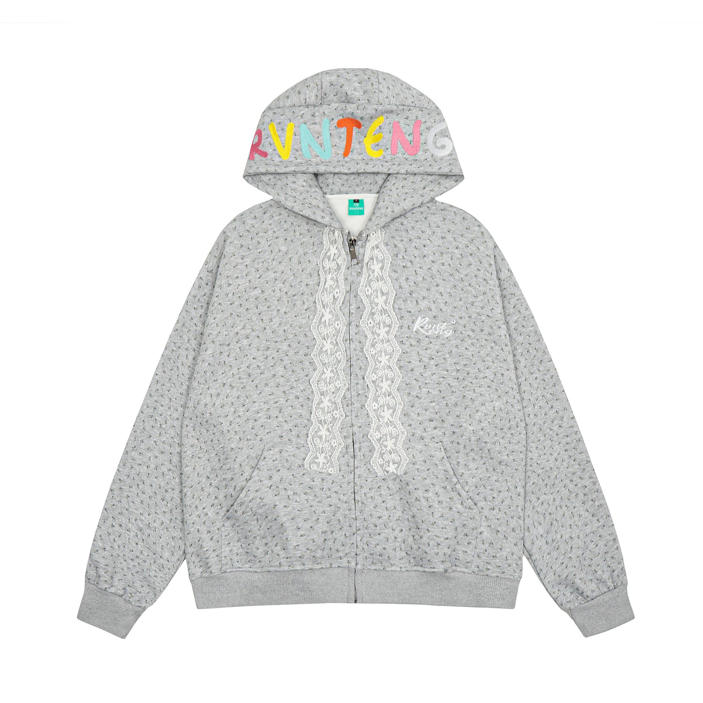 Women's RVNTENG Rainbow Letter Lace Trim Full Zip Hoodie - Grey & Apricot Comparison Front