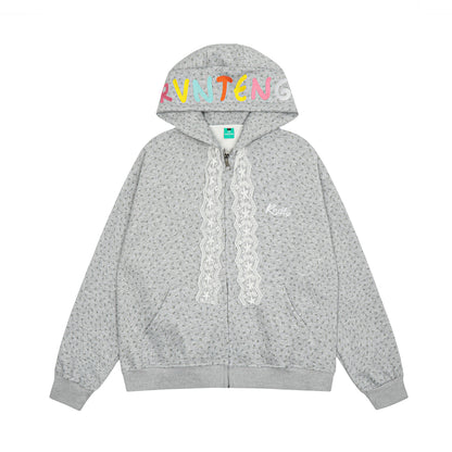 Women's RVNTENG Rainbow Letter Print Scattered Dot Lace Trim Full Zip Hoodie Sweatshirt Oversized Y2K Streetwear Jacket